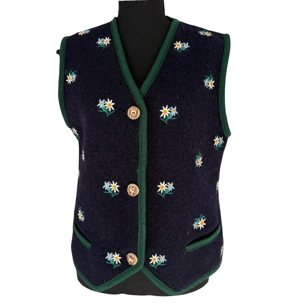 Vintage 80s SONNWEND Exklusiv Pfister Austrian Edelweiss Wool Vest Blue S/M